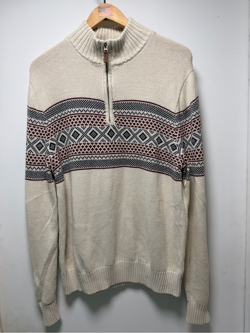 St. John's Bay Cream Zip-Neck Fair Isle Sweater with Rust & Navy Accents
